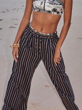 Anthropologie Ollari Striped Linen Blend Wide Leg Trousers